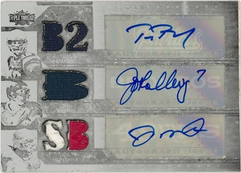 2008 Topps "Triple Threads" #TTRCA-13 Tom Brady, John Elway and Joe Montana Multi Signed Game Used Relics Card (#1/1)